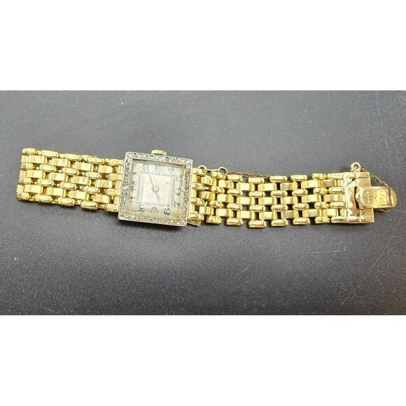 Vintage 18k Gold Womens Square Diamond Watch with Safety Chain HS173 - Picture 12 of 15